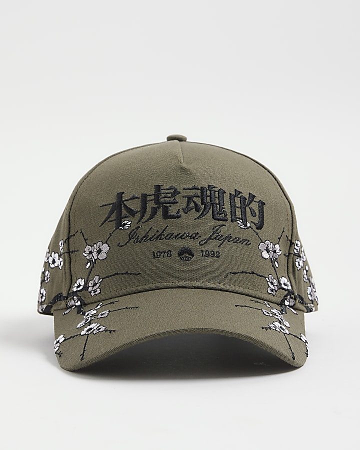 Khaki Embroidered Floral Japanese Cap