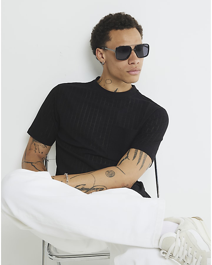 Black Slim Fit Textured Grid T-Shirt