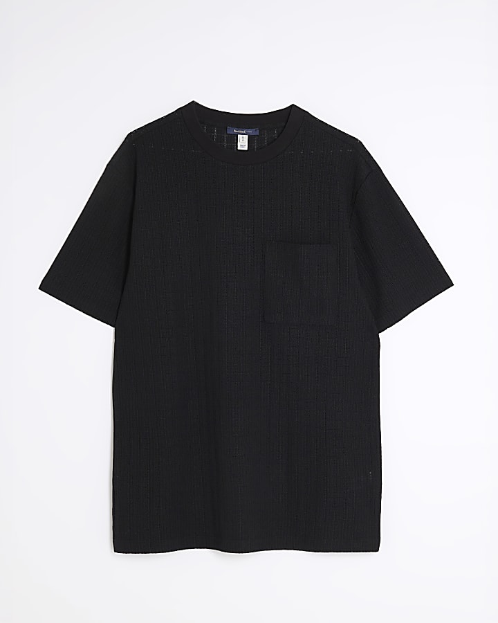 Black Slim Fit Textured Grid T-Shirt