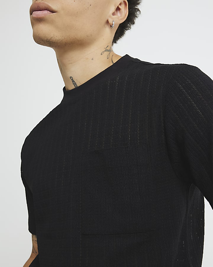 Black Slim Fit Textured Grid T-Shirt