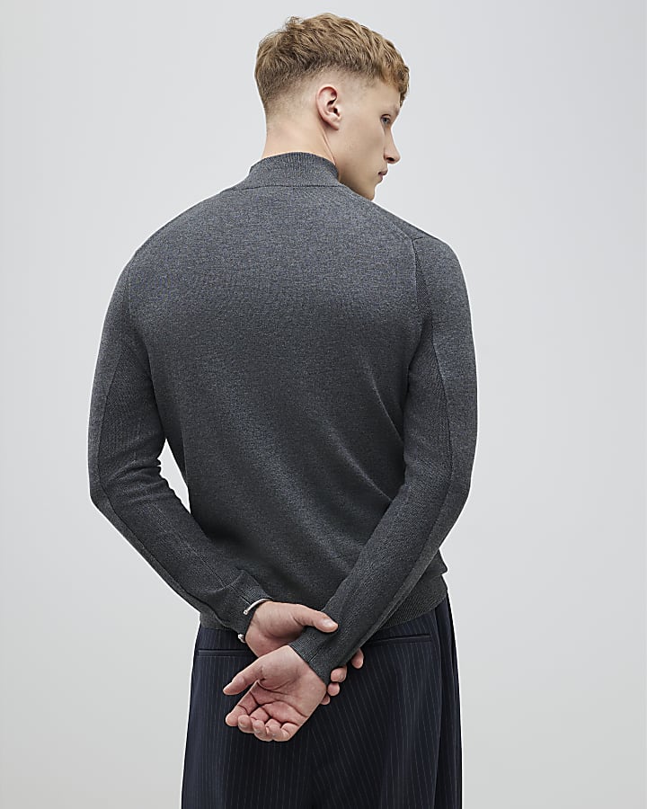 Grey Slim Fit Half Zip Jumper