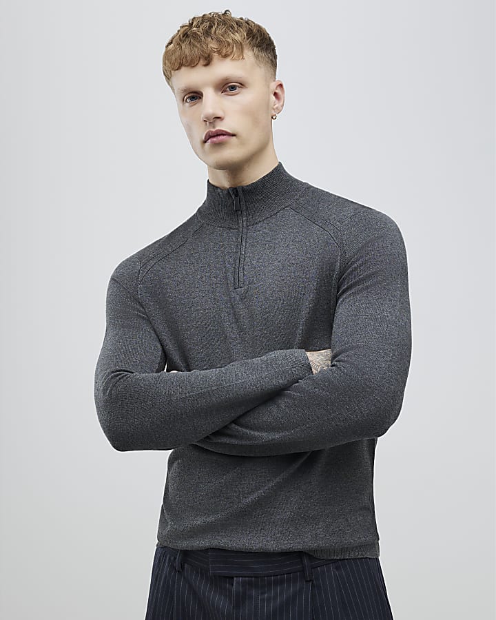 Grey Slim Fit Half Zip Jumper