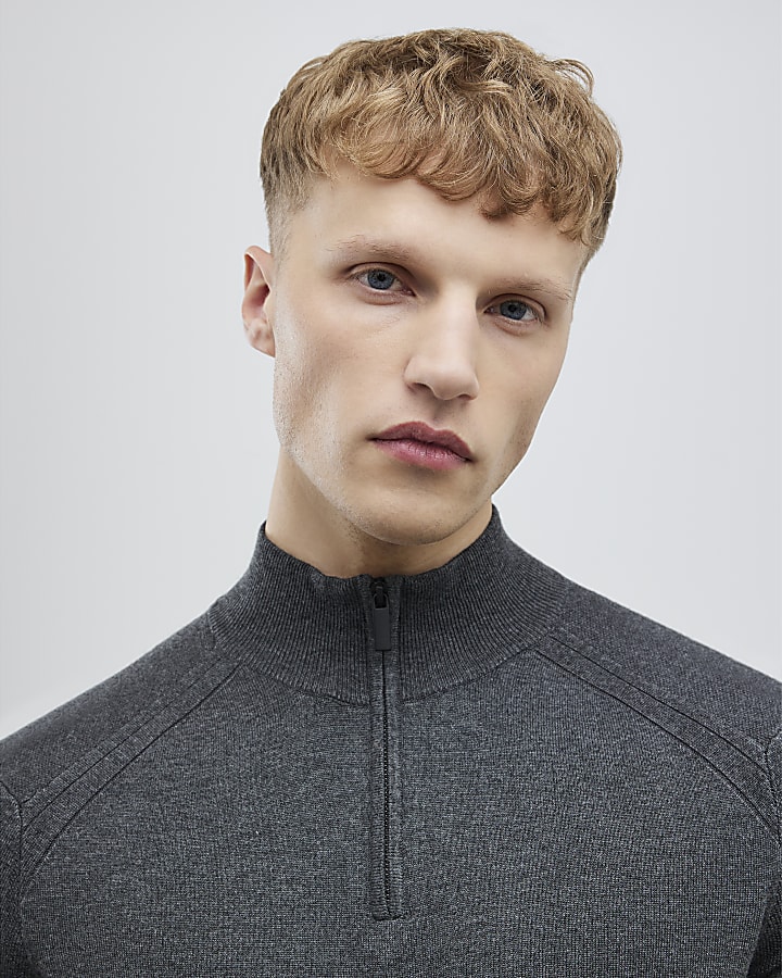 Grey Slim Fit Half Zip Jumper
