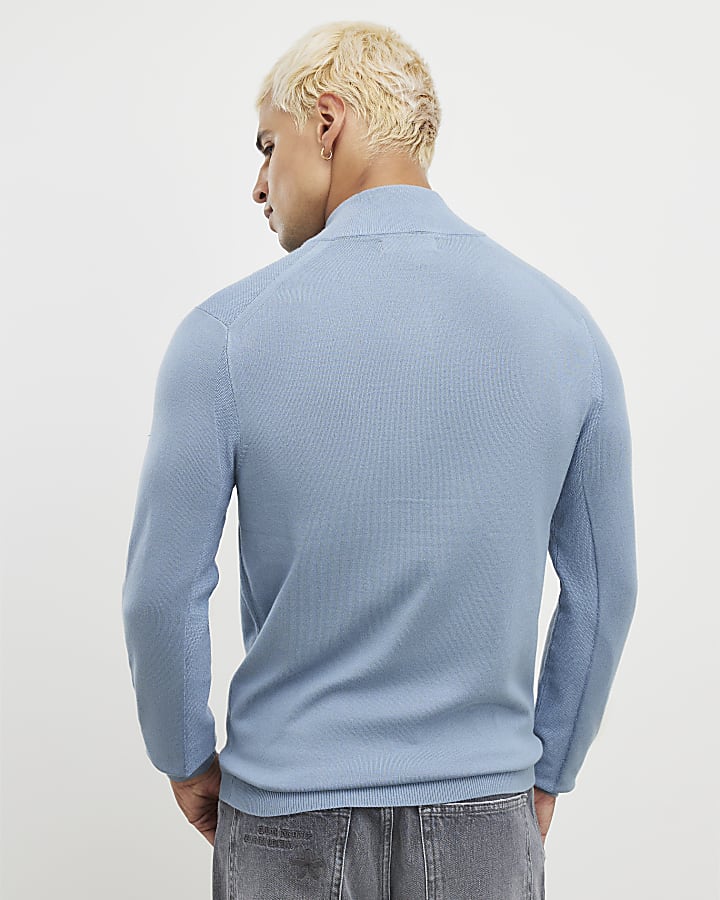 Blue Slim Fit Half Zip Jumper
