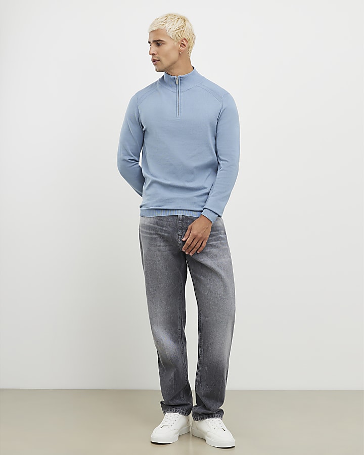 Blue Slim Fit Half Zip Jumper