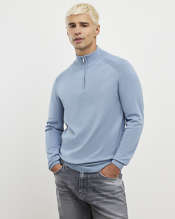 Blue Slim Fit Half Zip Jumper
