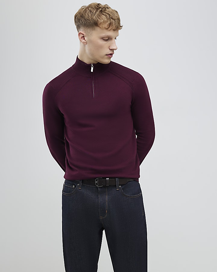 Red Slim Fit Half Zip Jumper