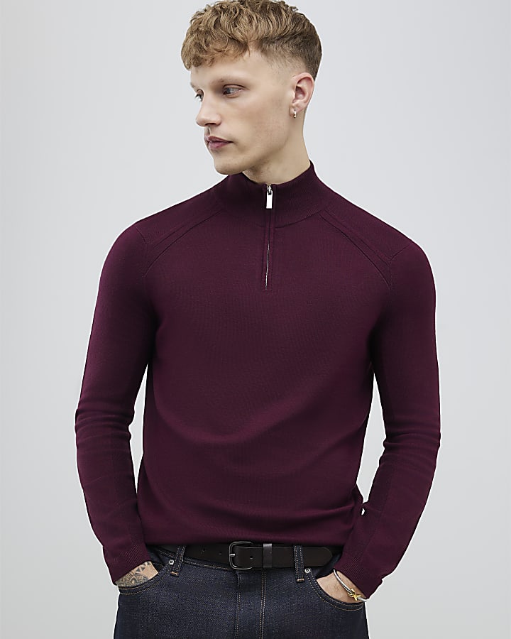 Red Slim Fit Half Zip Jumper