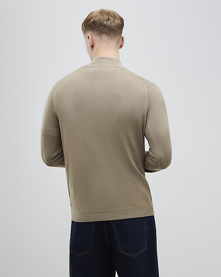 Beige Slim Fit Half Zip Jumper