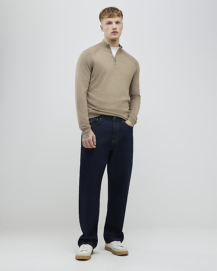 Beige Slim Fit Half Zip Jumper