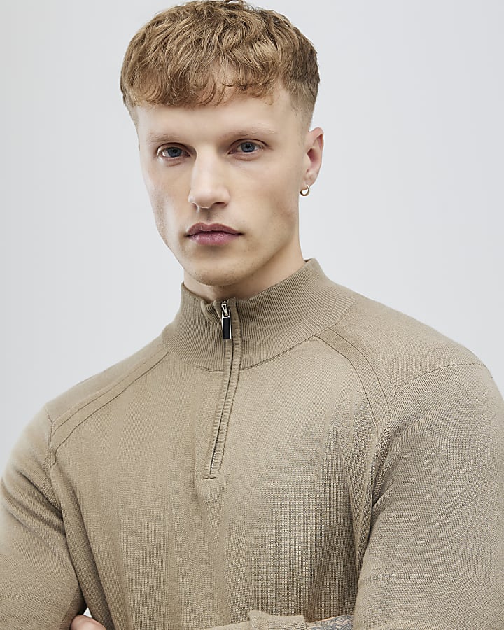 Beige Slim Fit Half Zip Jumper
