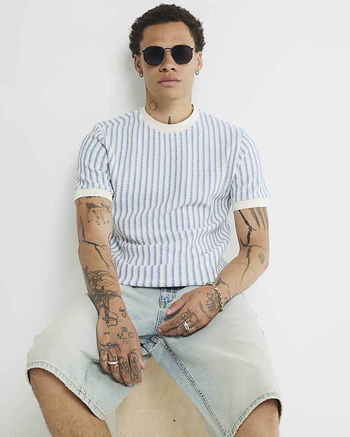 Ecru Slim Fit Textured Striped T-Shirt