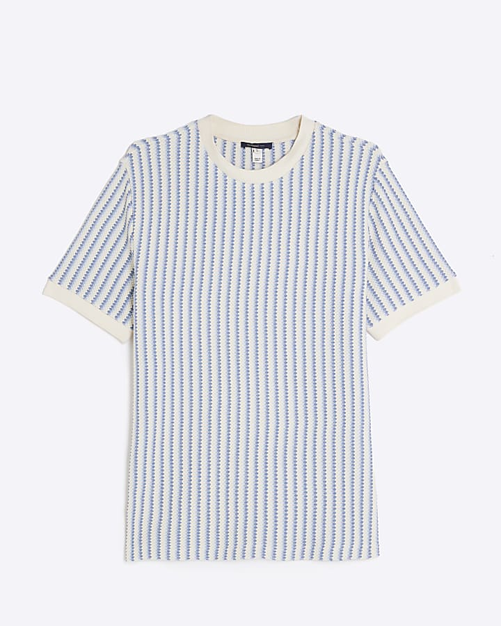 Ecru Slim Fit Textured Striped T-Shirt