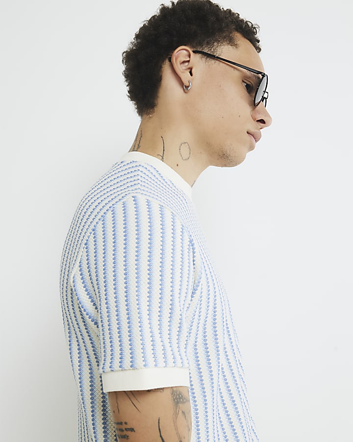 Ecru Slim Fit Textured Striped T-Shirt