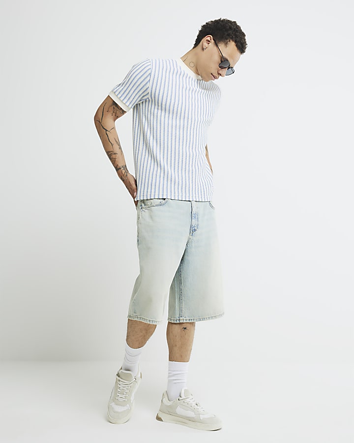 Ecru Slim Fit Textured Striped T-Shirt