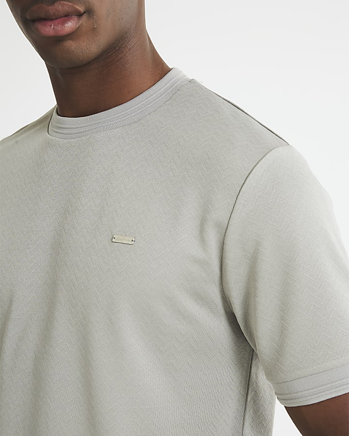 Beige Slim Fit Jacquard Badge T-Shirt