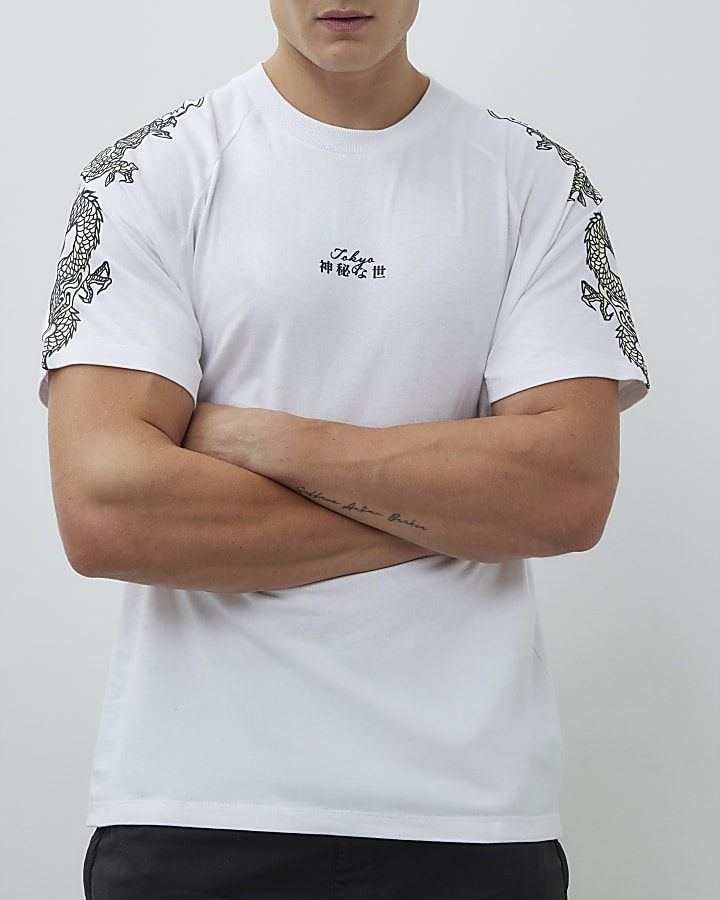 White Japanese Dragon Sleeve T-Shirt
