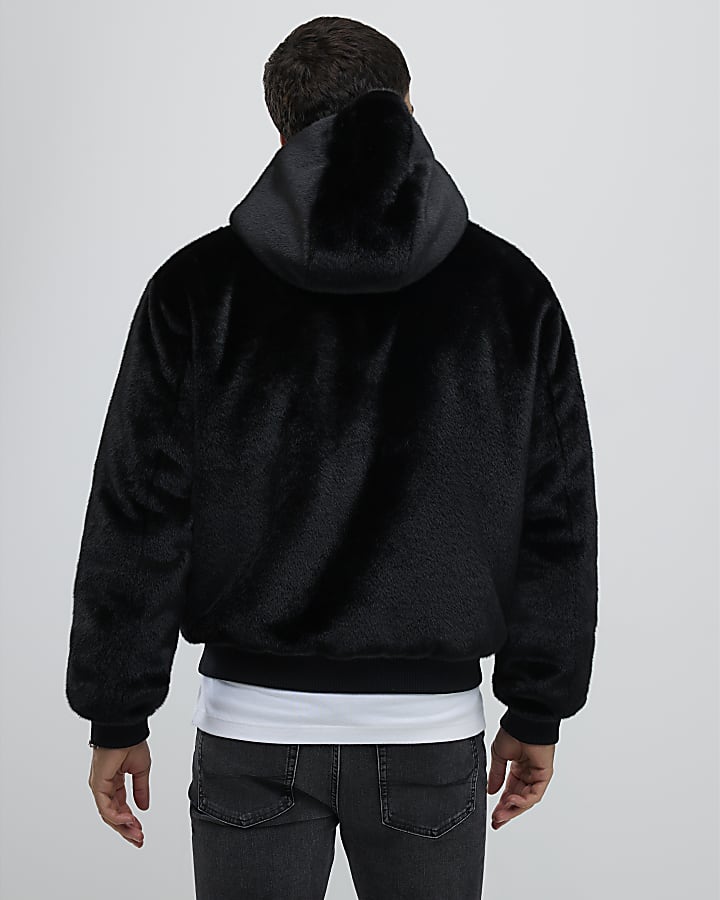 Black Oversized Fit Faux Fur Hoodie