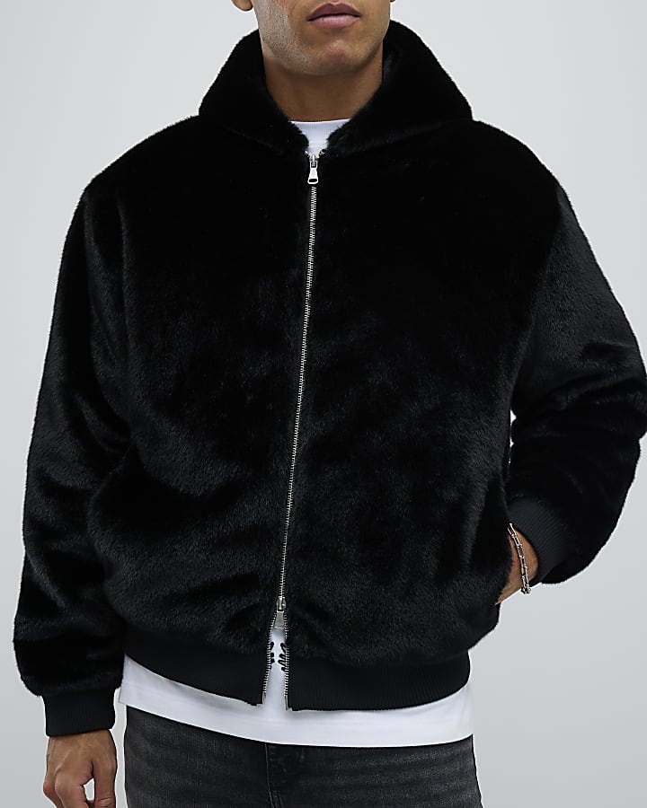 Black Oversized Fit Faux Fur Hoodie