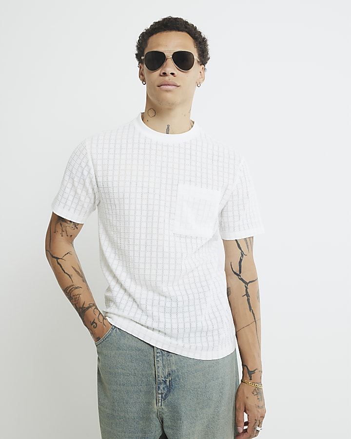 White Slim Fit Textured Grid T-Shirt
