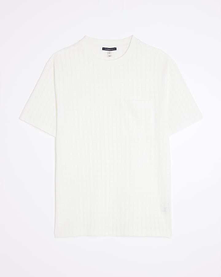 White Slim Fit Textured Grid T-Shirt