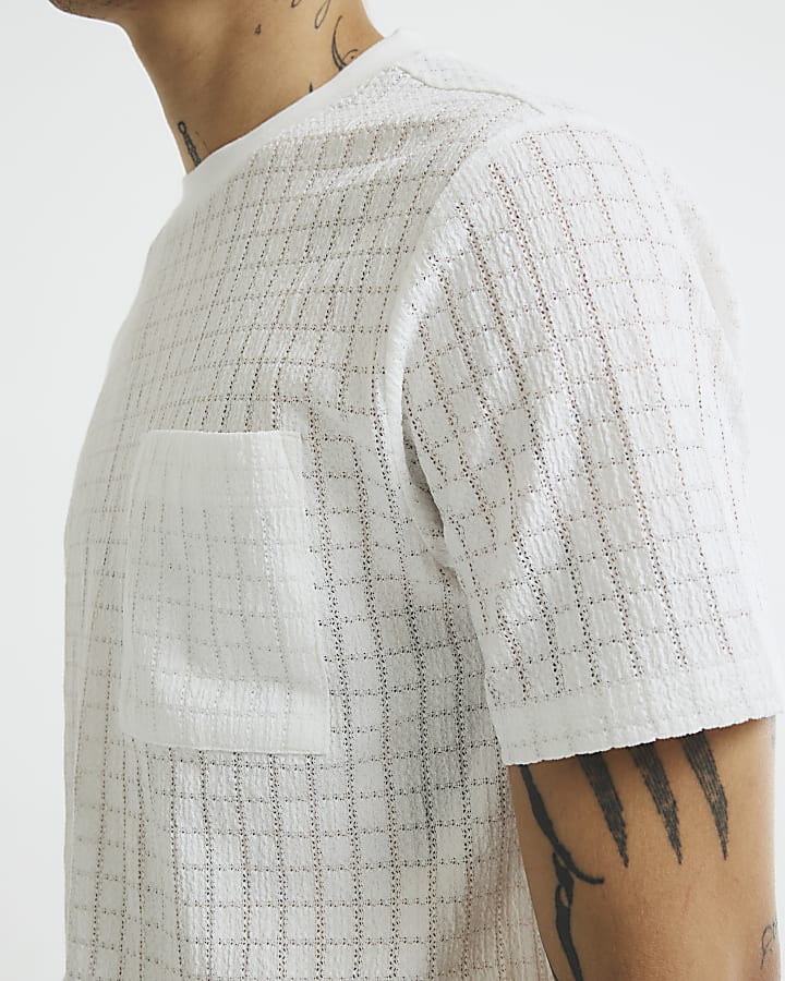 White Slim Fit Textured Grid T-Shirt