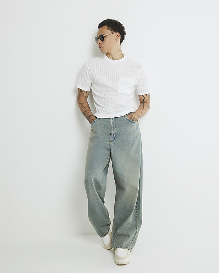 White Slim Fit Textured Grid T-Shirt