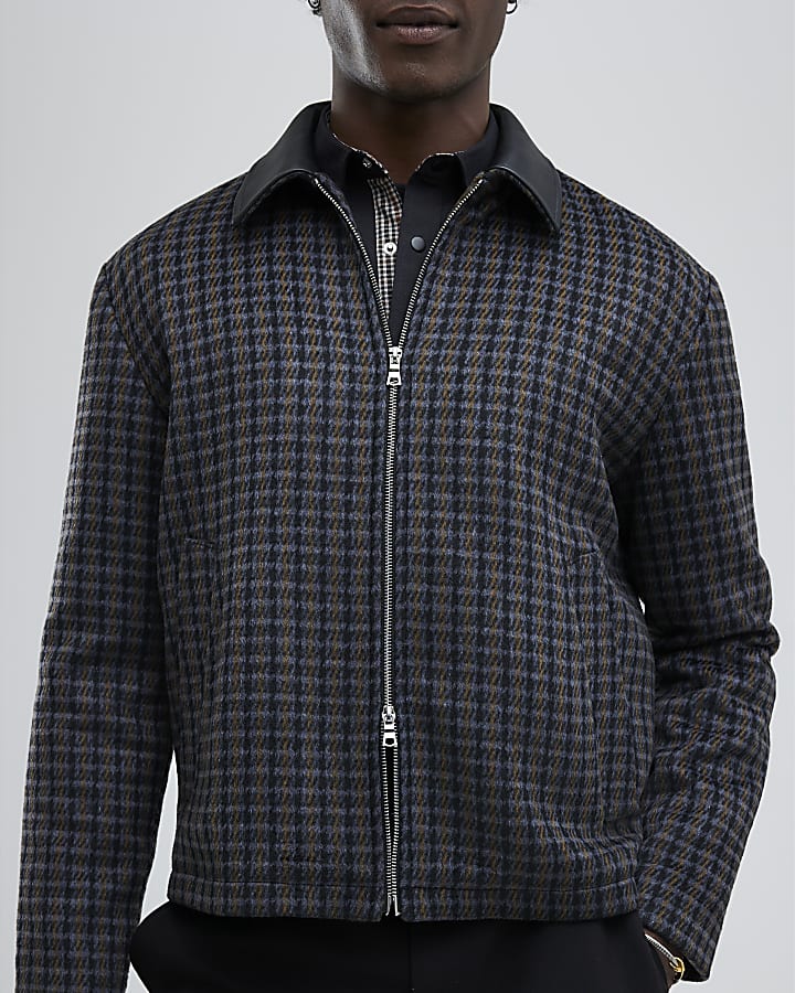 Black Faux Leather Check Collared Jacket