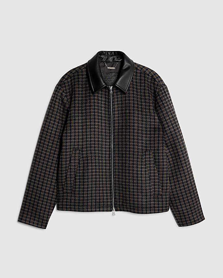 Black Faux Leather Check Collared Jacket
