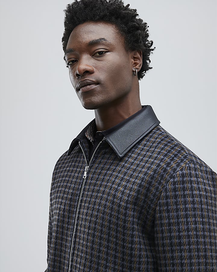 Black Faux Leather Check Collared Jacket
