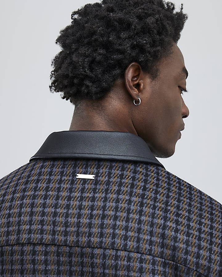 Black Faux Leather Check Collared Jacket