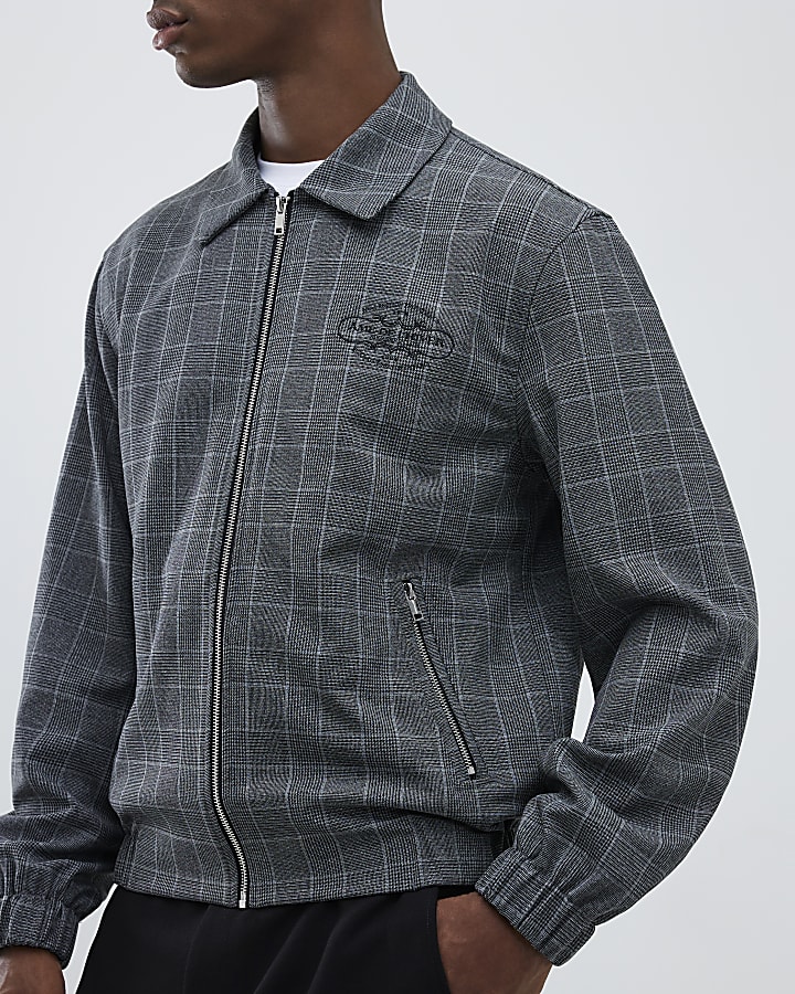 Grey Slim Fit Zip Check Jacket