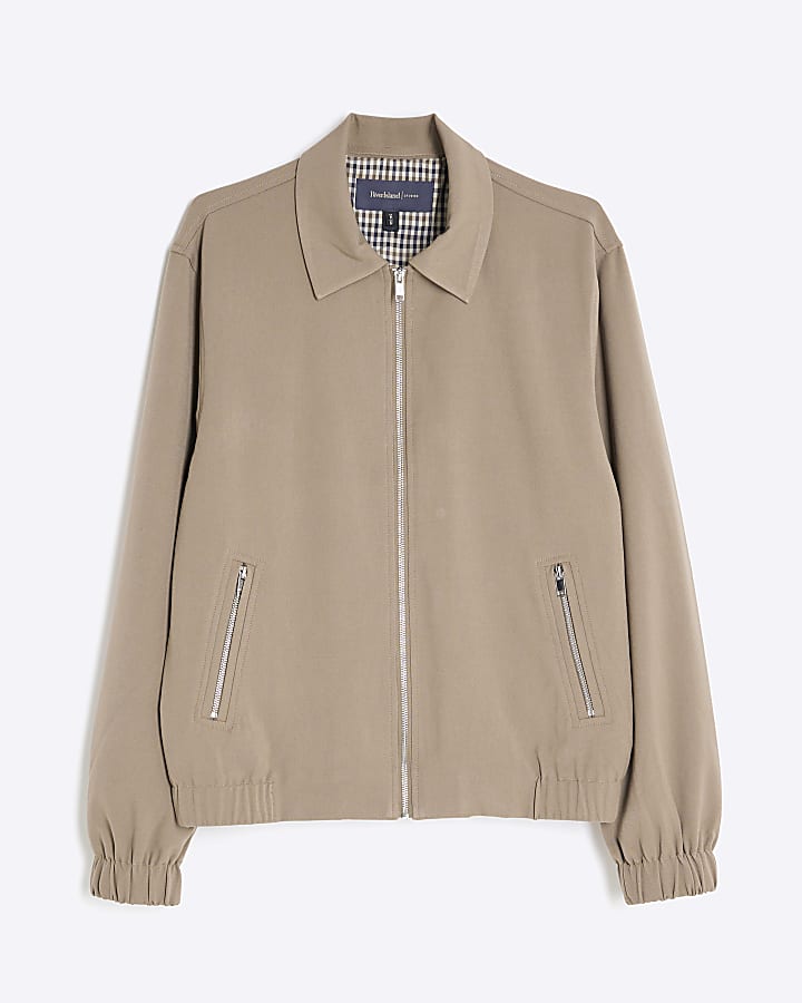 Beige Regular Fit Zipped Harrington Jacket