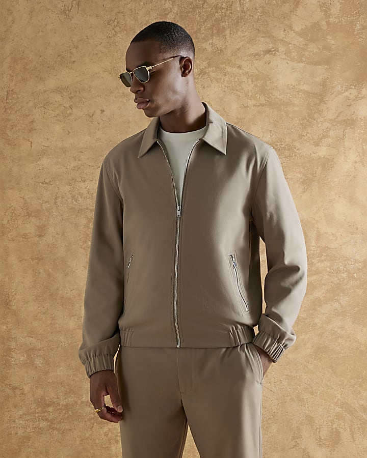 Beige Regular Fit Zipped Harrington Jacket