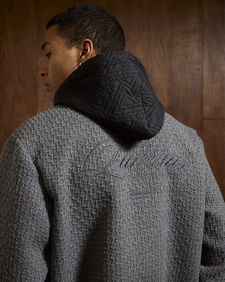 Grey Textured Wool Bomber Jacket