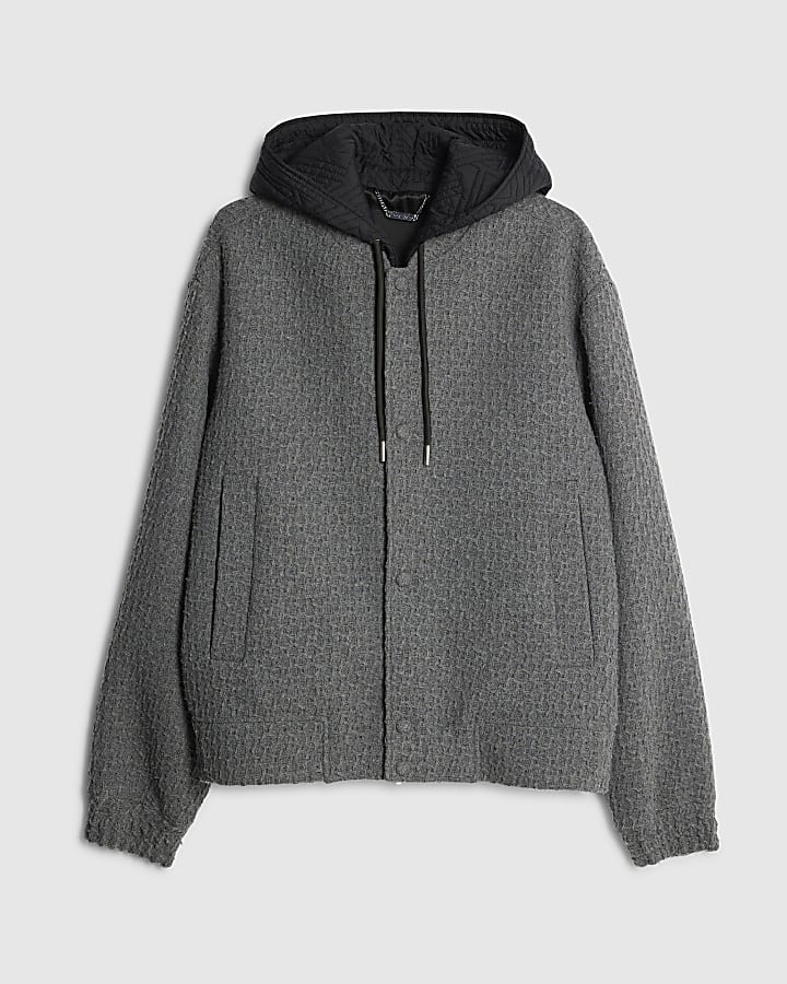 Grey Textured Wool Bomber Jacket