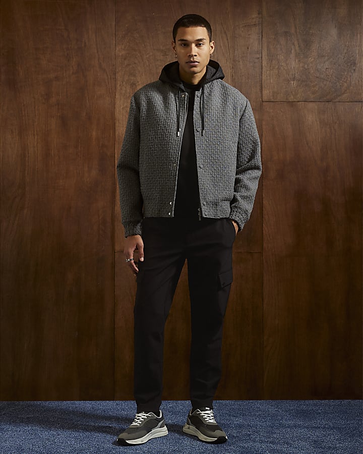 Grey Textured Wool Bomber Jacket