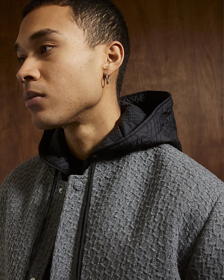 Grey Textured Wool Bomber Jacket