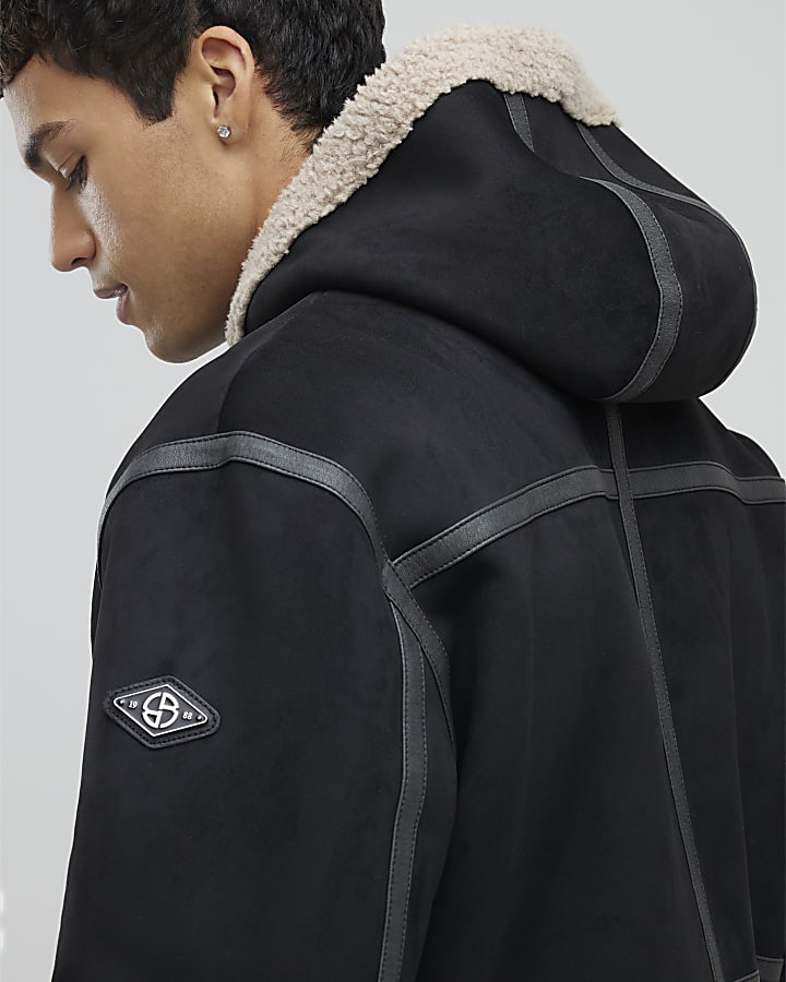 Black Hooded Faux Shearling Bomber Jacket