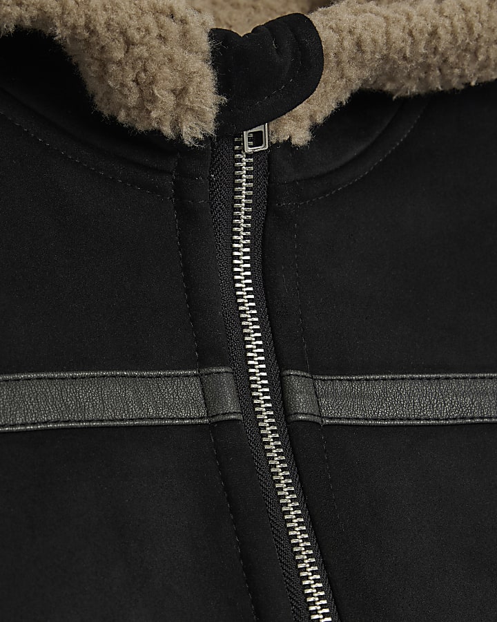 Black Hooded Faux Shearling Bomber Jacket