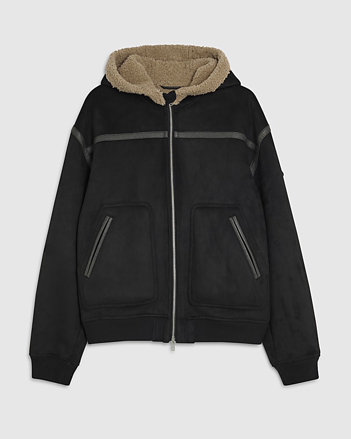 Black Hooded Faux Shearling Bomber Jacket