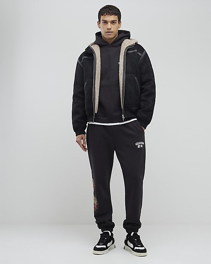 Black Hooded Faux Shearling Bomber Jacket