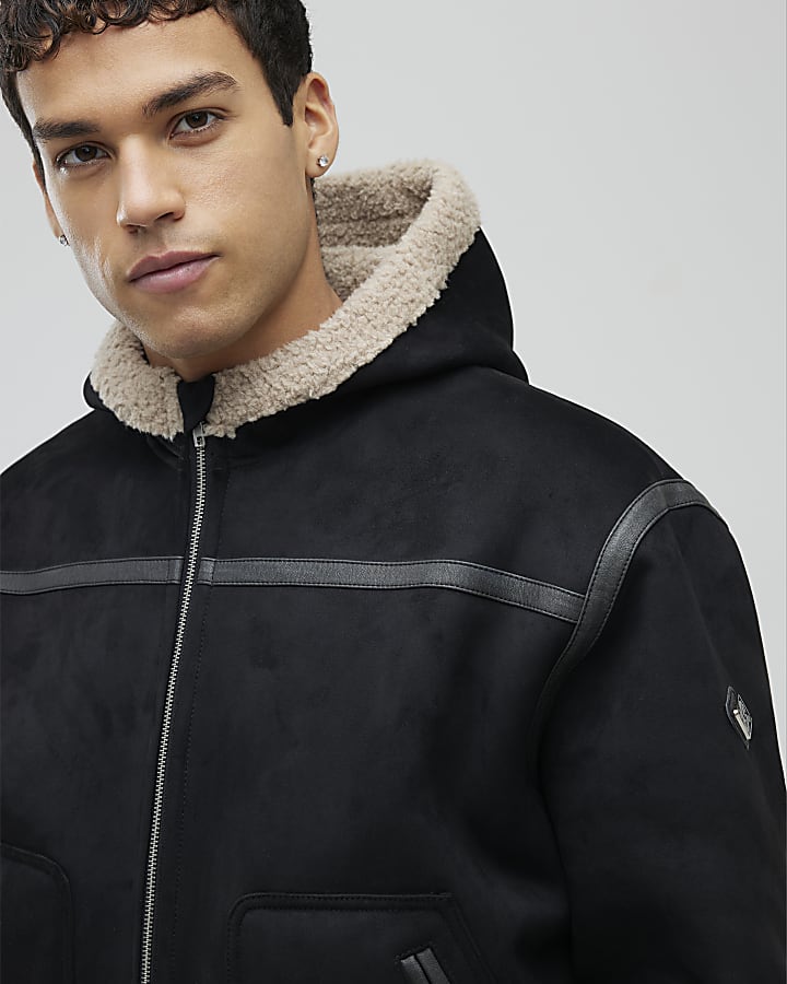Black Hooded Faux Shearling Bomber Jacket