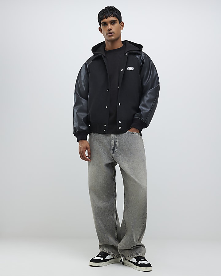 Black Faux Leather Wool Bomber Jacket