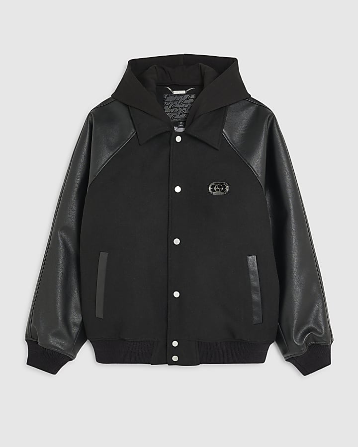 Black Faux Leather Wool Bomber Jacket