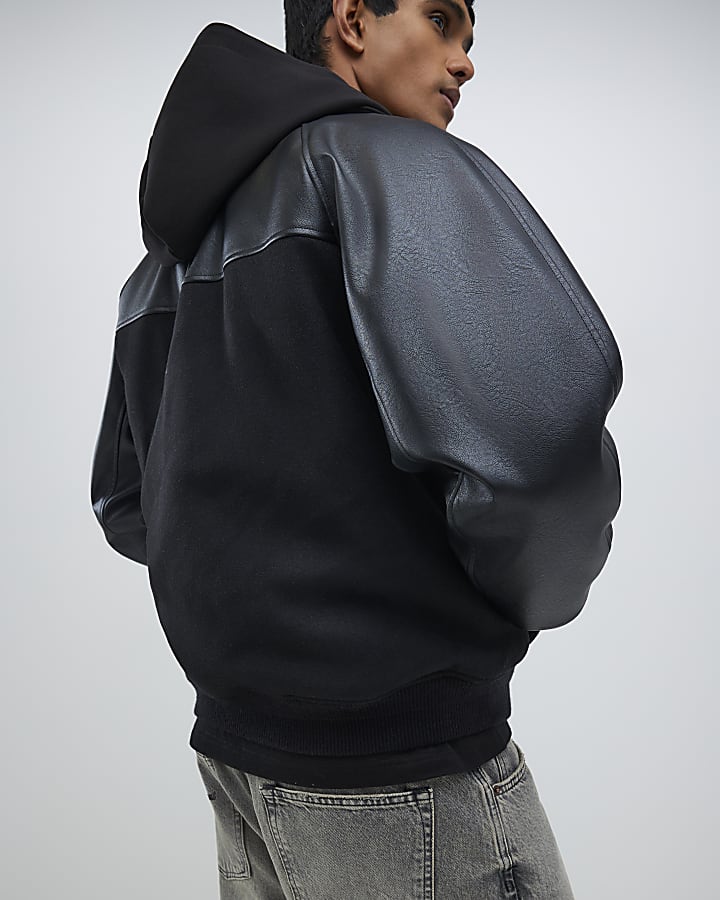 Black Faux Leather Wool Bomber Jacket