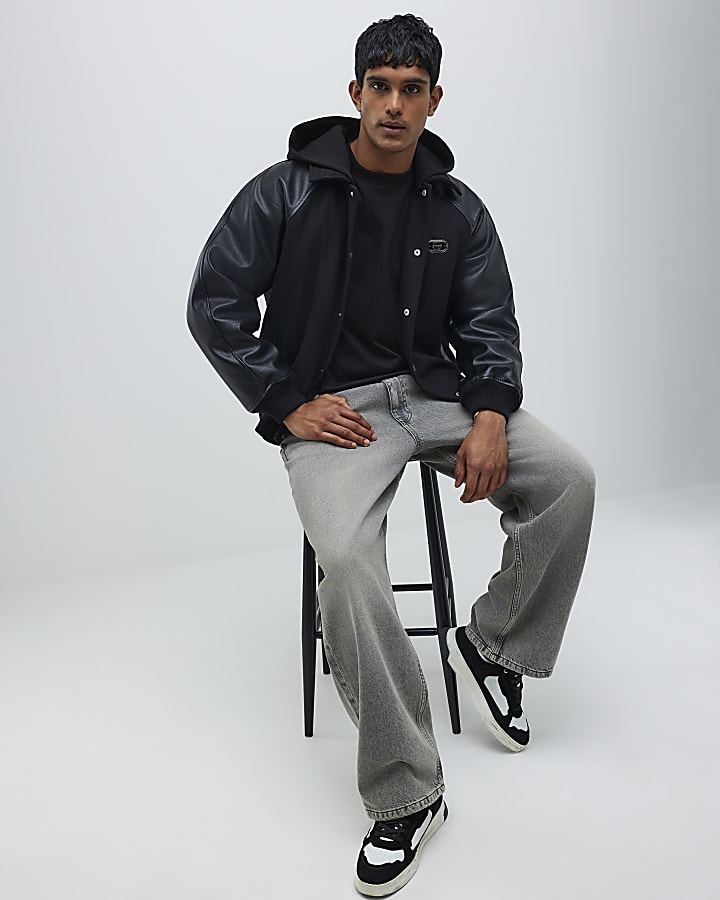 Black Faux Leather Wool Bomber Jacket