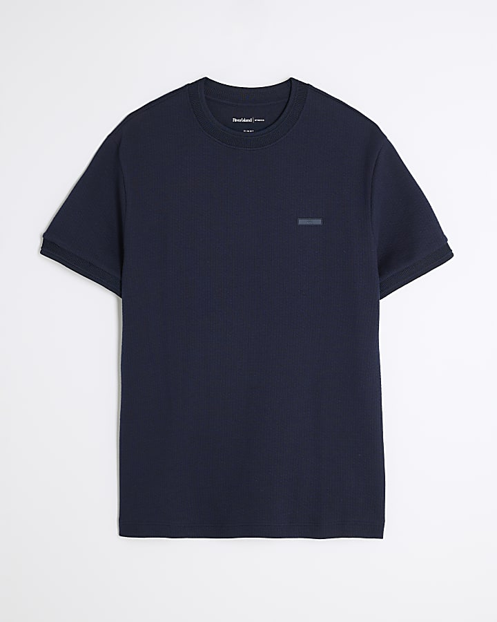 Navy Slim Fit Quilted Badge T-Shirt