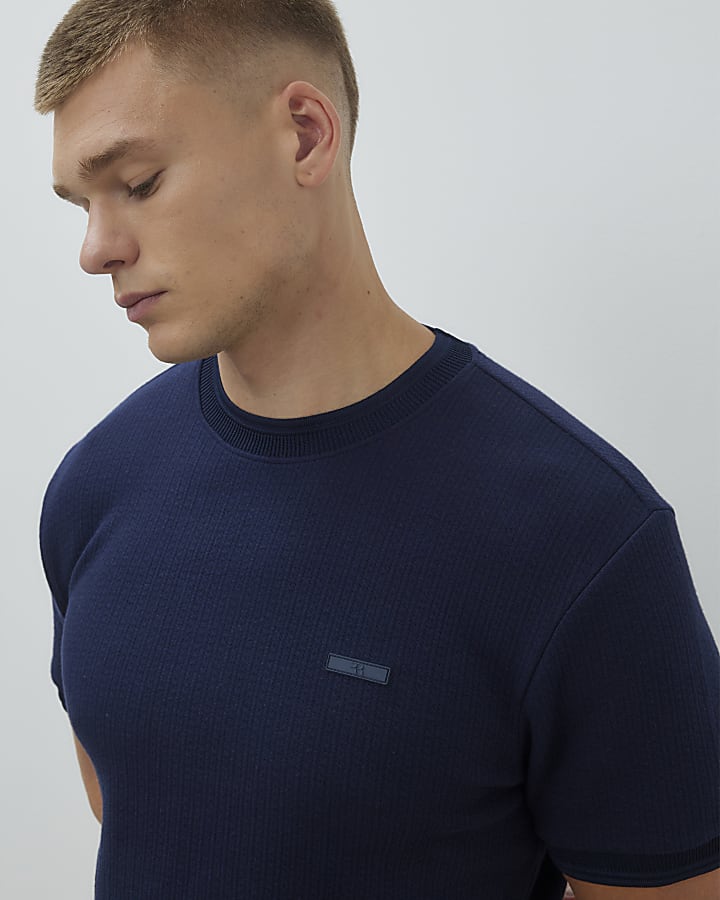 Navy Slim Fit Quilted Badge T-Shirt