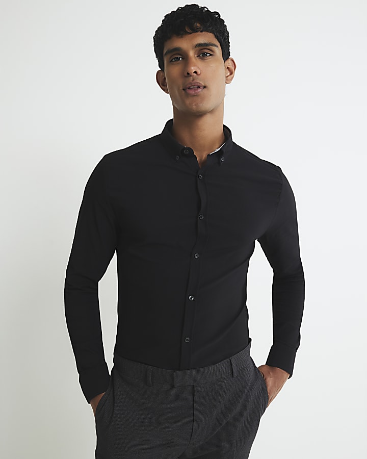 Black Muscle Fit Textured Shirt